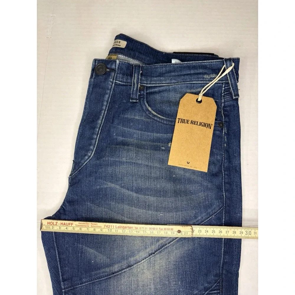True Religion Rocco Moto Jeans Mens 33 NWT Distressed Blue Skinny Biker